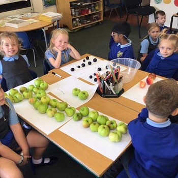 Children around the table counting how many fruits they have collected