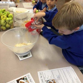 A child putting ingreadients into a mixing bowl