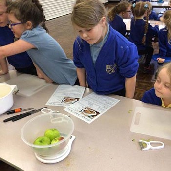 A child measuring the weight of 3 apples using a scale