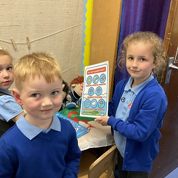 3 students looking at weather posters in welsh