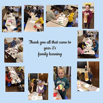 Casgliad o ddelweddau gyda nodyn 'thank you all that came to year 2's family learning'