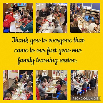 Casgliad o ddelweddau gyda nodyn 'Thank you to everyone that came to our first year one family learning session'